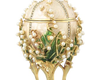 Russian Faberge Style Egg / Trinket Jewel Box with Flowers & Russian Emperor's Crown 8cm (3.2'') cream