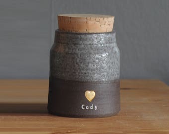 brown pottery urn for ashes. personalized and customized. Unique custom pet urn or urn for human cremains. brown and gold