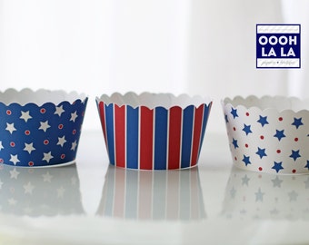 MADE TO ORDER Red, White and Blue- Stars Over You Cupcake Wrappers- Set of 12