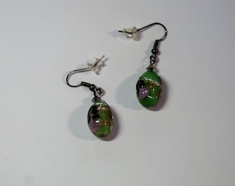 Green Patterned Glass Drop Women's Earrings on Gunmetal Earwires