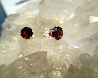 Dark Red Garnet Post Earrings ~Sterling Silver~ 6mm Round