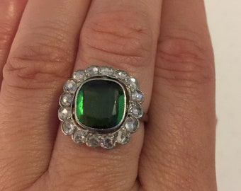 Platinum Peridot and Rose Cut Diamond Ring