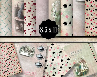 Alice in Wonderland Paper 8.5 x 11 inch paper pack printable hobby crafting scrapbooking instant download digital collage sheet - VDPAAL1335