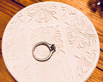 Handmade White Clay Stamped Patterned Ring Dish/Jewellery Dish/Trinket Dish