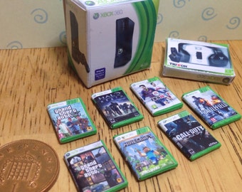 Dolls house handmade miniature xbox 360 bundle - console, headphones and 7 games 1/12 scale