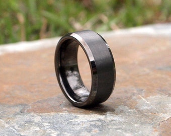 Gunmetal Beveled Edge Brushed & Polished Tungsten Carbide Ring • Men's 8mm Wedding Band • Hand Engraved • Ring Box Optional • (SKU: 348GUP)