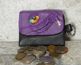 Zippered Coin Purse Purple Black Leather Change Purse Monster Face Pouch Key Ring Harry Potter Labyrinth 41