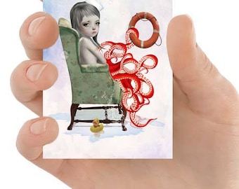 Artist trading card | Girl and tentacles | ACEO, ATC | Big eye art | Tentacles art | Big eyes | Octopus girl
