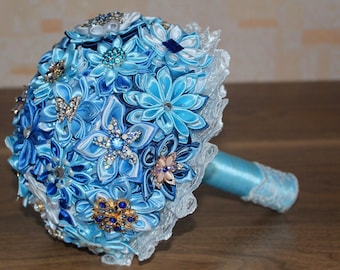 Fabric brooch bouquet,blue wedding bouquet,brooch bouquet, bridal bouquet. Wedding. Beautiful brooch bouquet, blue boutonniere, wedding set.