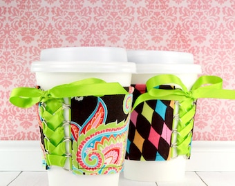 Paisley Cup Cozy // Harlequin Paisley Cup Cozy // reversible // adjustable // coffee cozy // to go cup cozy // beverage cozy // cup sleeves
