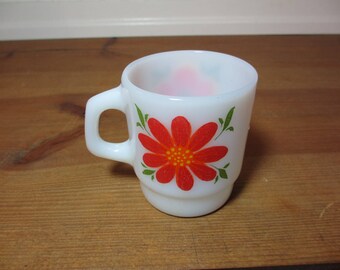 Vintage Anchor Hocking Fire King Floral Milkglass Mug, Retro, Vintage Red & Orange Flowers