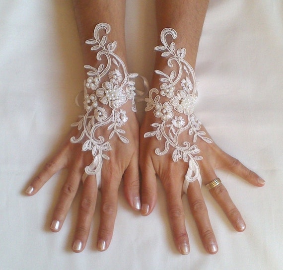 Wedding gloves beaded pearls white or ivory lilac bridal gloves lace gloves fingerless gloves french lace gloves lavender
