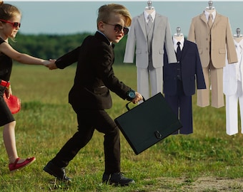 Boys 5-Piece Suit, Jacket Vest Shirt Tie Pants, Black Grey Navy Beige White, Baptism Christening Homecoming Prom Wedding Ring Bearer