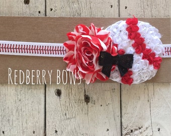 BASEBALL with FLOWER and BOW Headband on Baseball Stitch Elastic