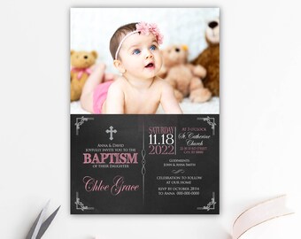 baptism invitation girl photo, baptism invitation girl printable, baptism invitation girl digital, silver and pink, download BFC01