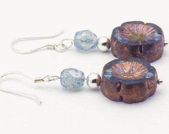 Flower Cute Earrings | Blue Boho Earrings | Czech Glass Earrings | Sterling Silver Earrings | Unique Boho | Earrings Floral - EA00448