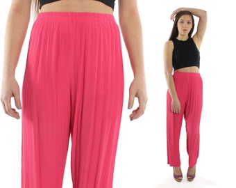 Vintage 80s High Waisted Pants Pink Trousers Broomstick Rayon 1980s Elastic Waist Slacks Medium M