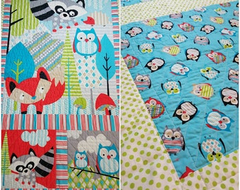 Owl, Fox, Raccoon, woodland animals quilt
