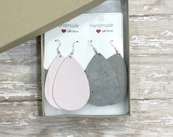 Mother's Day Teachers Gift Set Pink Almost Mauve Grey Gray Cork Leather Teardrop Drop Earrings