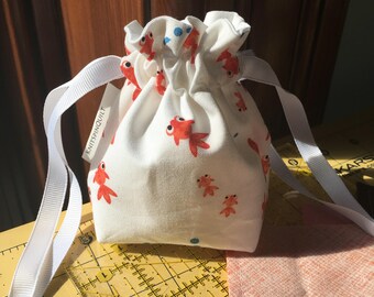 GOLDFISH dice bag / knitting notions / change purse / drawstring bag, fully reversable
