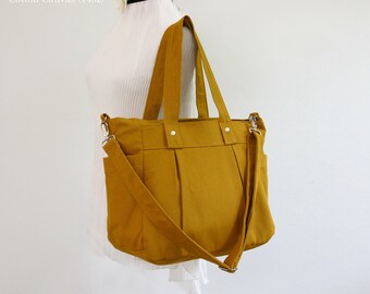 SALE - Mustard canvas bag, 3 compartments, Diaper bag, Messenger Tote Bag, Travel, Shoulder bag, Zipper closure - Nuch