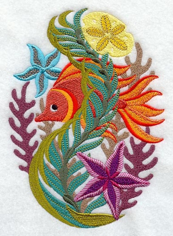 Embroidered Fish and Coral Towel Jacobean Coral Reef Oval