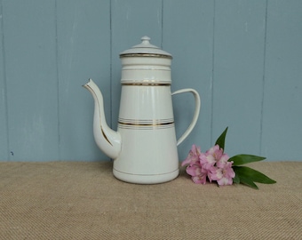 French Vintage, Enamel Coffee Pot, Off White Enamel, Vintage Coffee Pot, 1960s, French Enamelware, Coffee table, French country, Kitchenalia