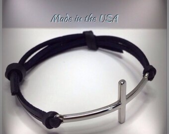 Men's Cross bracelet Sideways Cross bracelet Stainless steel cross Leather adjustable bracelet Man Gift Christian jewelry for Him Bracelet