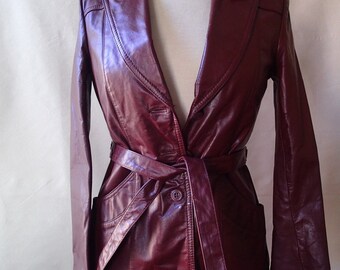 vintage boho 70s leather jacket; hipster rocker jacket; oxblood wide lapel with sash