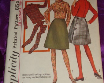 1960s 60s Vintage Mod A Line Back Wrap Skirt Long Sleeve Roll Collar Blouse n Thigh High Stockings COMPLETE Simplicity 6189 Bust 35 US 90 CM