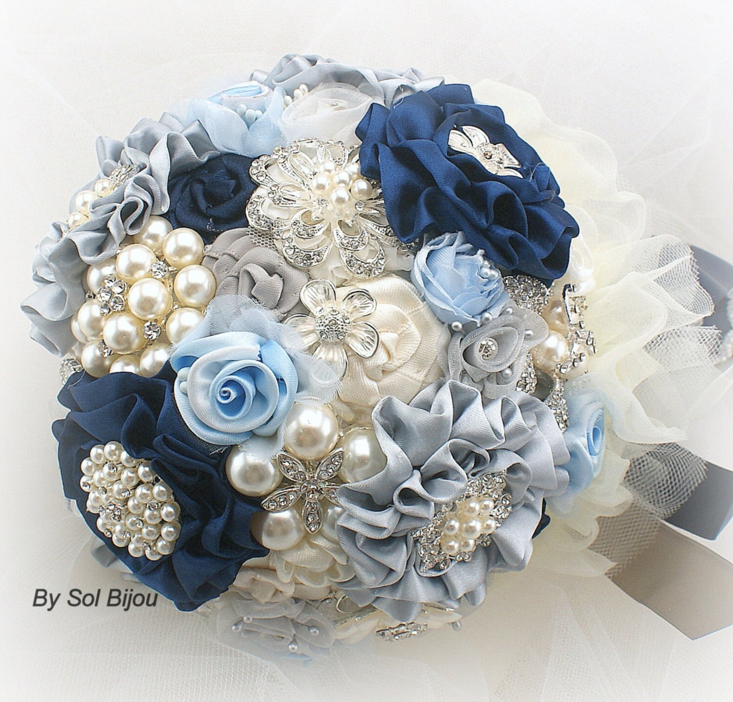 Brooch Bouquet Navy Blue Ivory Cream Silver Navy