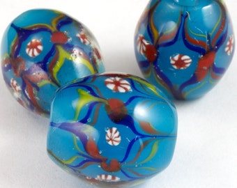12mm x 15mm Teal Lampwork Bead with Flowers #2596