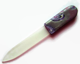 Czech Crystal Nail File, Small Glass Nailfile, Shades of Purple with Silver and White Accents // gifts for her // bridesmaid gifts