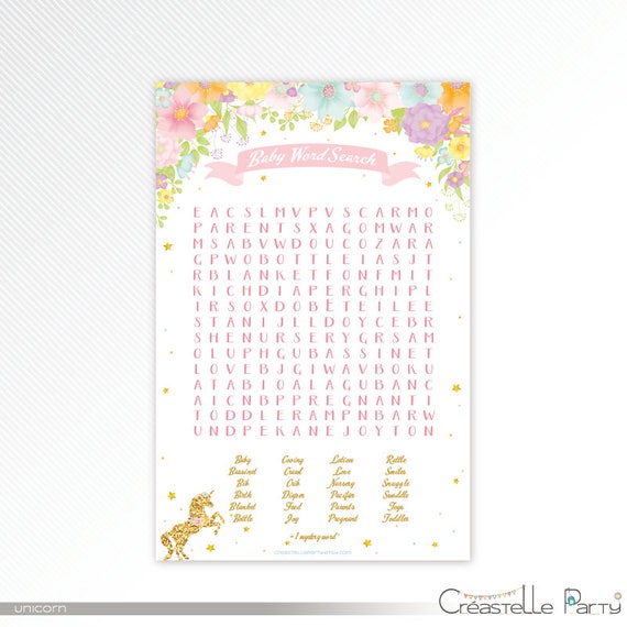 gold unicorn word search floral baby shower game printable