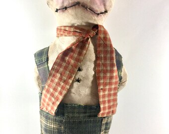 Snowman Art Doll Handmade Folk Art Overalls