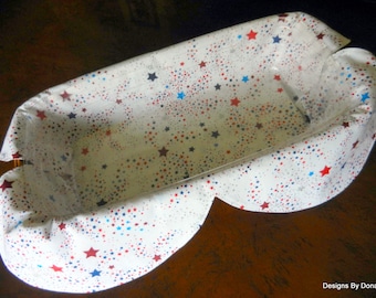 Basket Liner, Bread Cloth, Table Topper, Centerpiece, Patriotic, Red, Blue & Silver Glitter Stars on White, Handmade Table Linens