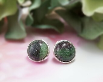 Ruby Zoisite Stud Earrings - Green Stone Earrings Silver - Gemstone Cabochon Earrings - Ruby Birthstone Stud Earrings - Ruby Studs E6005