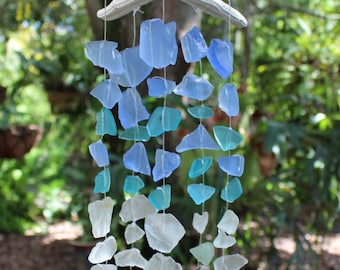 Beachy decor Sea star with sea glass, shell and coral wind chime