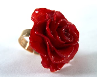 Red flower ring, Red rose ring, Red jewelry gift, Red rose gift, Big Red Rose Flower Adjustable Ring, Red flower nature ring, Red woman gift