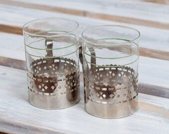 Tea Glass and Holder, Vintage glass and holder, Metal Russian Glass Holder, Podstakannik, Kitchenware, retro decor, Vintage Russian Table