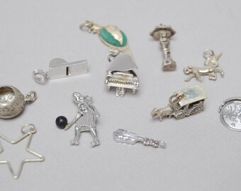 11 Vintage Sterling Silver Charms . Parrot . Piano . Horse . More . Charm Pendant