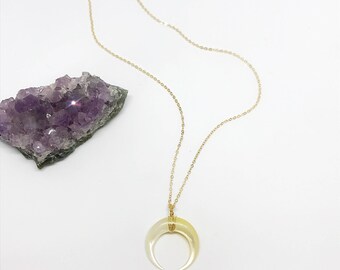 Mother Of Pearl Crescent Horn Necklace, Crescent Horn Necklace, Pearl Crescent Necklace, Crescent Horn