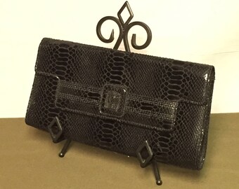 Black, Faux Alligator, Envelope Clutch, Fold Over Clutch, Cross-body