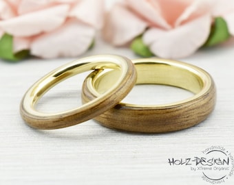 Gold and Wood Bentwood Ring matching Rings Yellowgold couple Ring Wooden Custom order wood rings couples engangement wedding rings