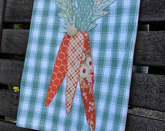 Carrot Kitchen Towel | Tea Towel | Primitive Appliqued Carrots | Vintage Button | Spring Carrots Dish Towel | Green White Cotton Towel