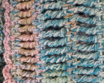 Hand crocheted scarf super wash merino wool 76 in x 4 in thin warm turquoise green light blue