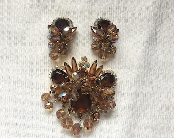 D&E Juliana Brown, Colorado Topaz and Clear AB Crystal Bead and Rhinestone Dangle Brooch/Pendant and Earring Set 1495