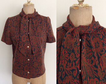 1960's Wool Paisley Print Ascot Bow Top Vintage Button Up Shirt Size Medium Large by Maeberry Vintage