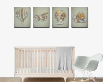 Vintage Map Art - Travel Theme Nursery - Travel Nursery Decor - Nursery Decor - Hot Air Balloon Nursery - Travel Nursery - Travel Theme Baby