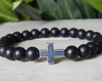Mens Bracelet, Cross Bracelet, Spiritual Jewelry, Mens Jewelry, Black Onyx Bracelet, Mens Beaded Bracelet, Black Bead Bracelet, Gift for Him
